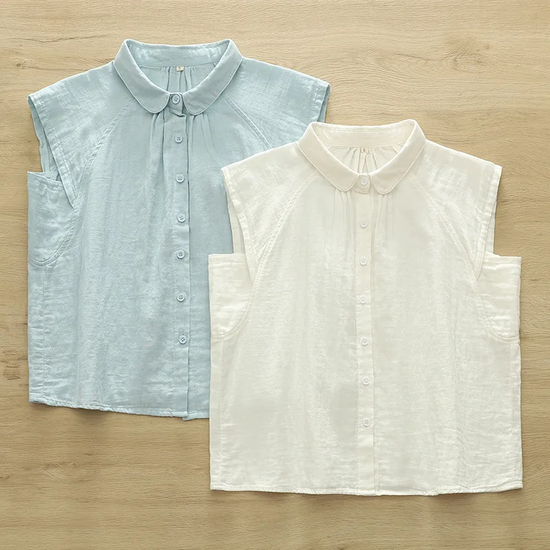 ใหม่2025ฤดูร้อนผ้าฝ้ายเส้นด้ายเสื้อแขนกุดผู้หญิงTurn-Down Collar Solid, Moriสาวนุ่มเดินทางเสื้อหลวมๆสบายๆt54713CC