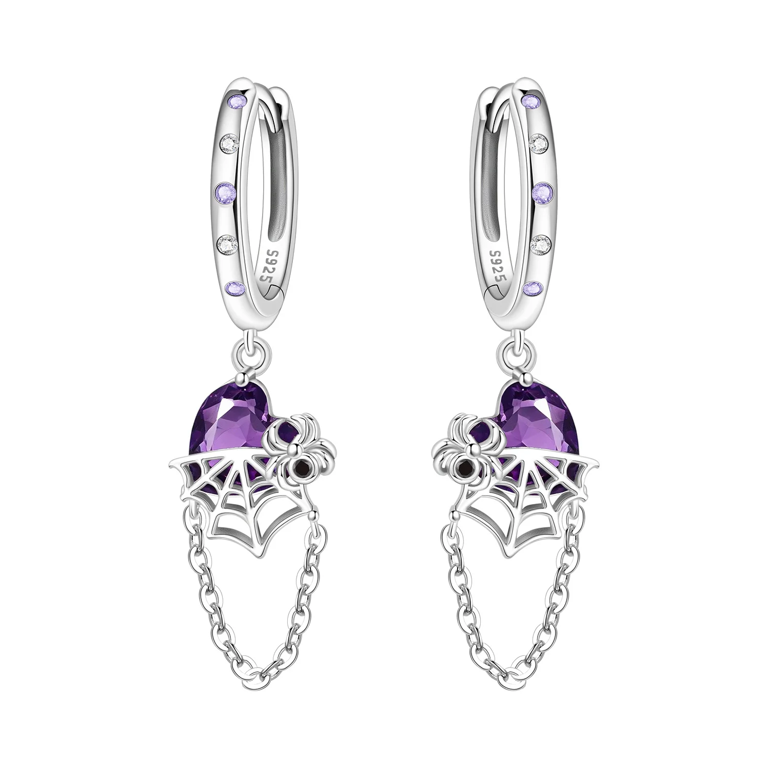 PANPOKI 925 Sterling Silber Lila Herz Zirkon Spinnen-Ohrhänger Damen Ohrring Charm Mode Vielseitiger Party-Schmuck Geschenk