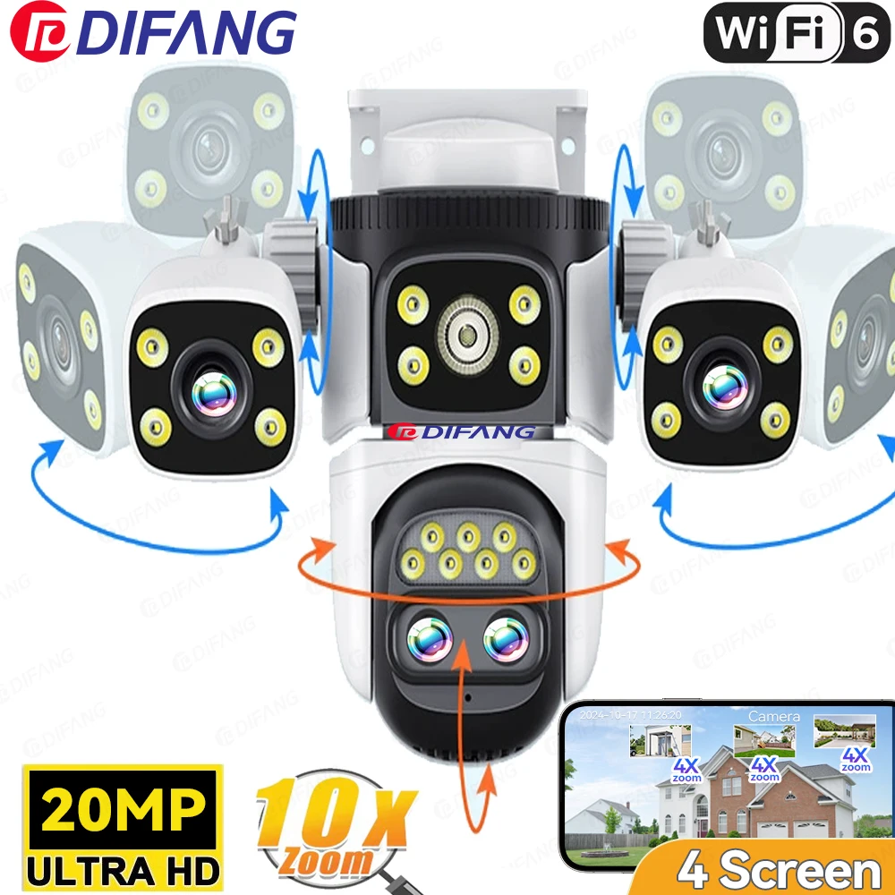 

10K Home Surveillance Camera Four Lens Four Screen PTZ CCTV 10X Optics Zoom 360° Video Security Camera 20MP