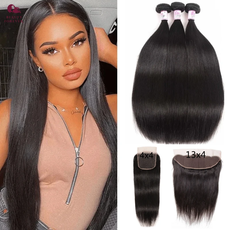 

Brazilian Straight Human Hair Bundles With Frontal Grade 12A Thick End 5x5 HD Lace Closure With Hair Weaves 3 / 4 Bundles