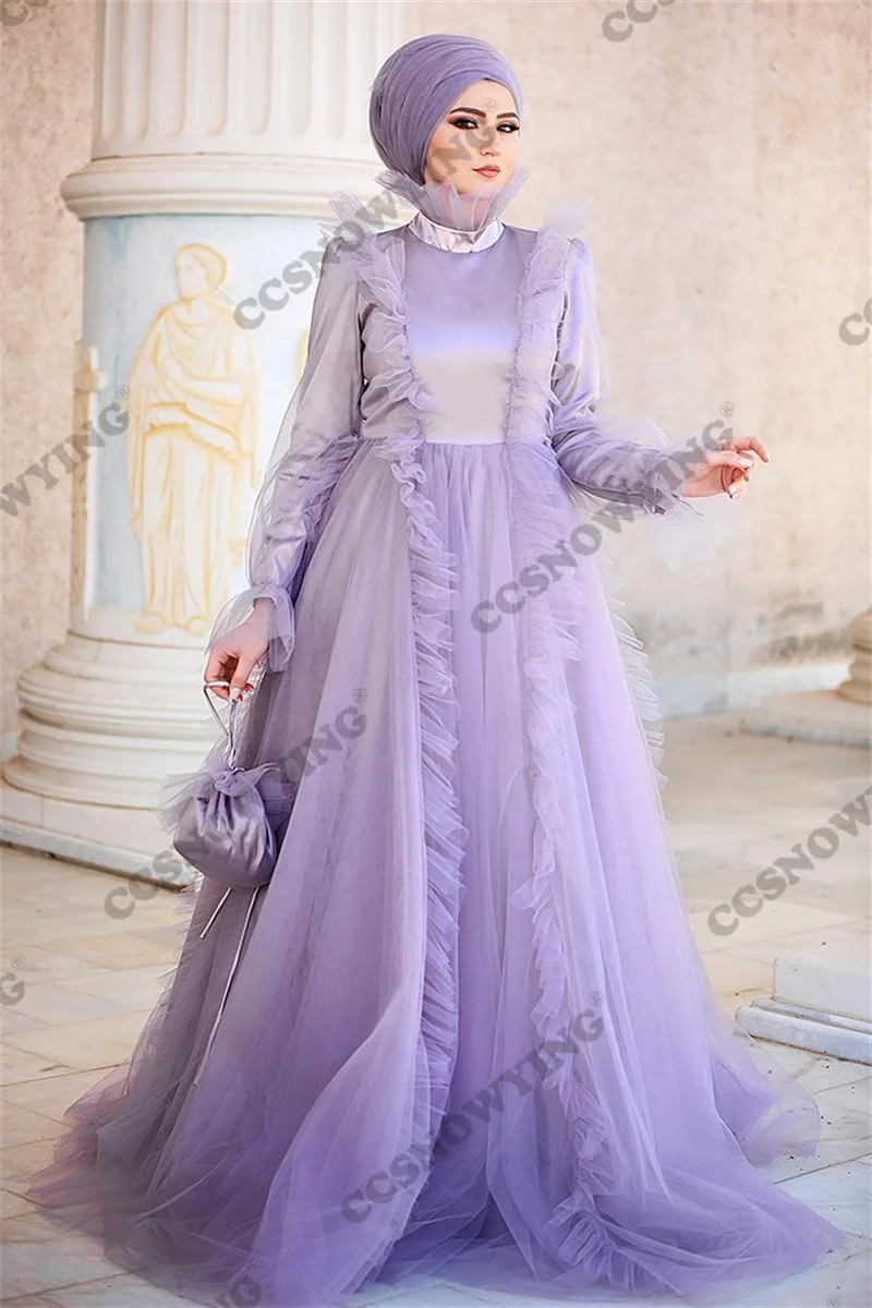 

Lilac Tulle Muslim Hijab Evening Dresses Long Sleeve Islamic Formal Party Gown Women Arabic Kaftan Robe De Soiree