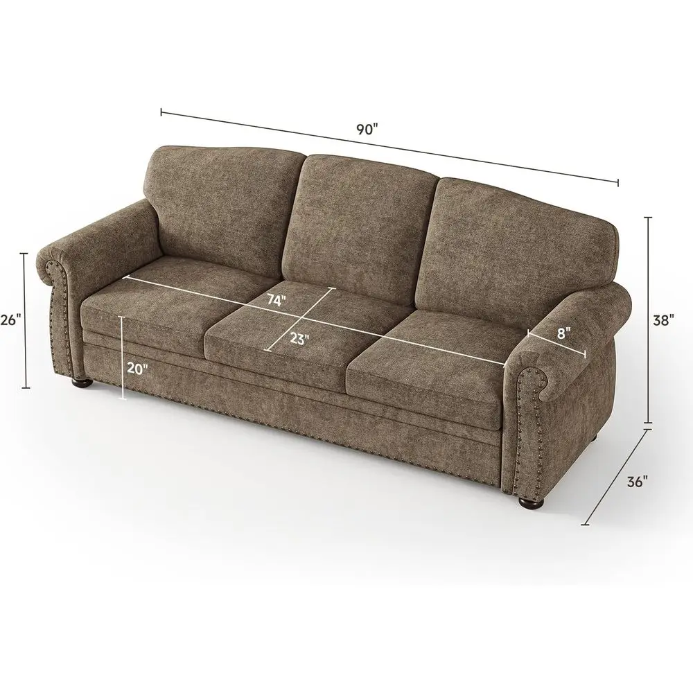 90 أريكة شانيل 3 مقاعد مع 23 مقعدًا عميقًا، أذرع ملفوفة، أرجل خشبية، طراز تقليدي، بني