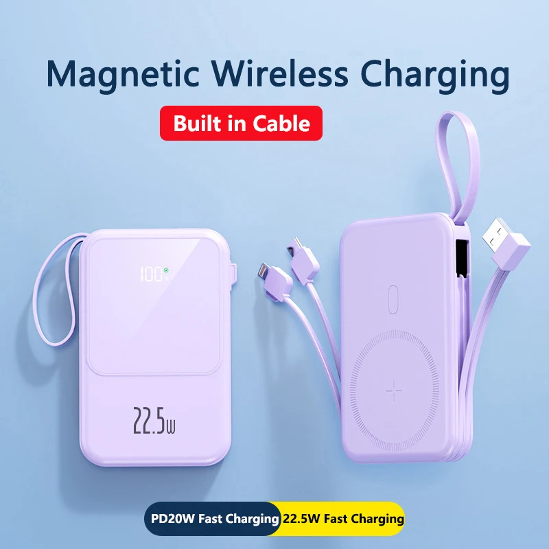 20000mAh Magsafe Power Bank Magnetic Wireless Powerbank Removable Cable for iPhone 16 Xiaomi Samsung Portable Induction Charger