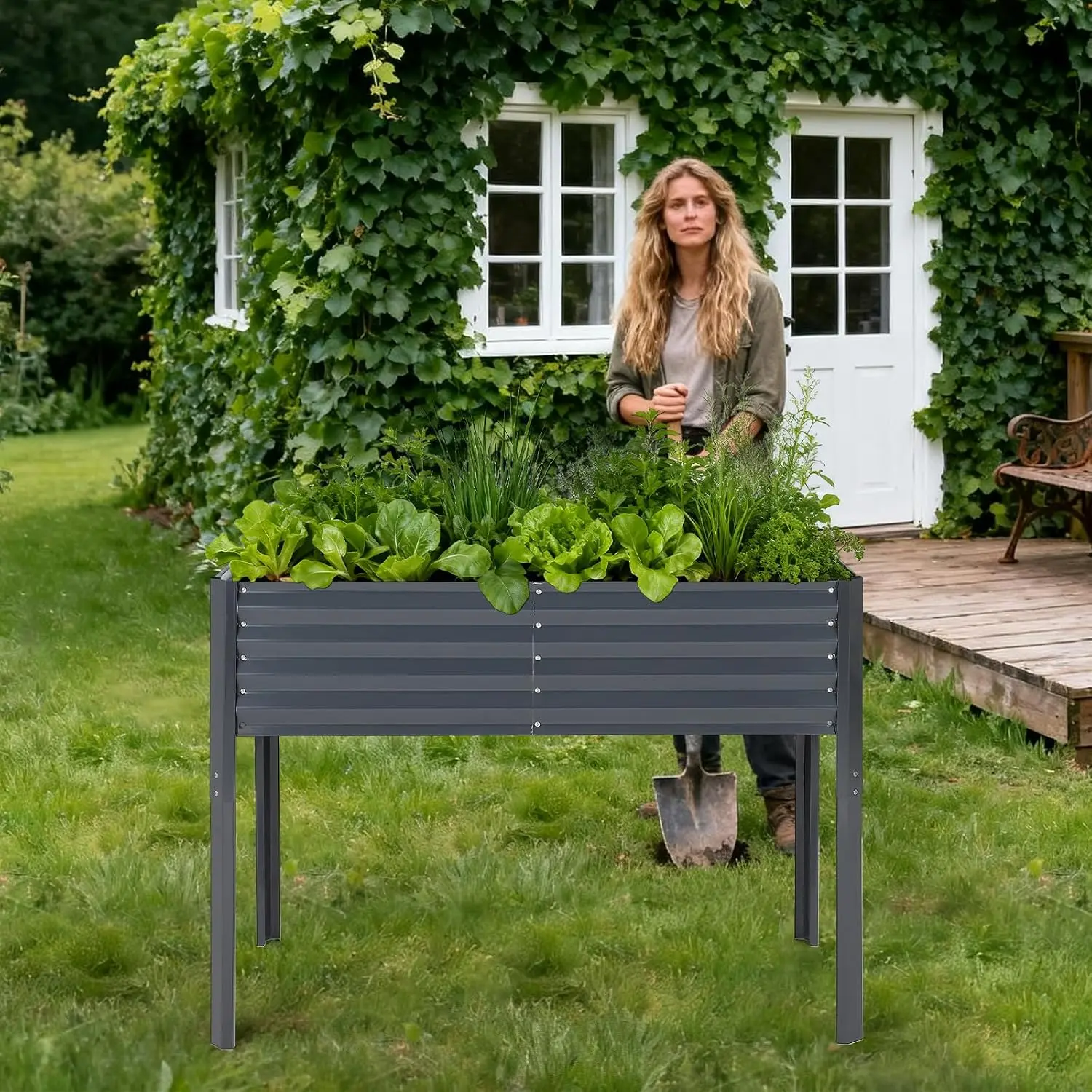 Lit de culture surélevé 120x60x90cm pour jardiniers, bac à plantes autoportant pour jardin, balcon, terrasse, potager, jardinière à herbes, jardinière à fleurs, bac à plantes pour la culture de légumes, fruits et herbes aromatiques, gris