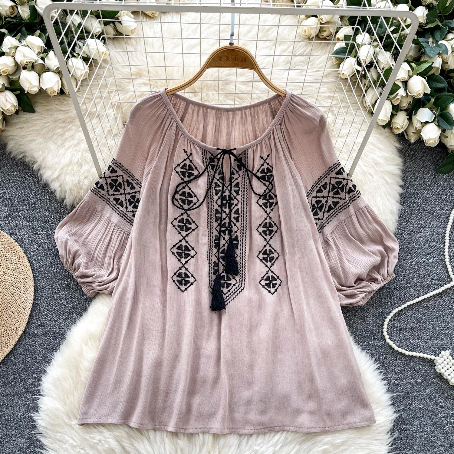 Vintage O-neck Lace-up Elegant Half Lantern Sleeves Chic Embroidered Loose Top Korean Streetwear High Street Autumn Sweet Blouse