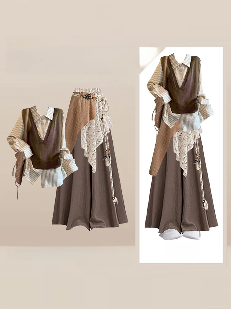 

Зимний дорожный повседневный полосатый жилет, лоскутная широкая юбка, комплект брюк, женский комплект больших размеров Faion Ensemble, туристическая одежда