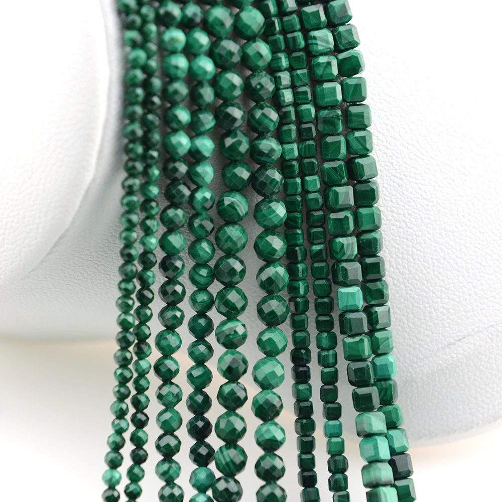 Natural Malachite Faceted Round / Cube Beads 2mm,3mm,4mm，Fine Jewelry Making