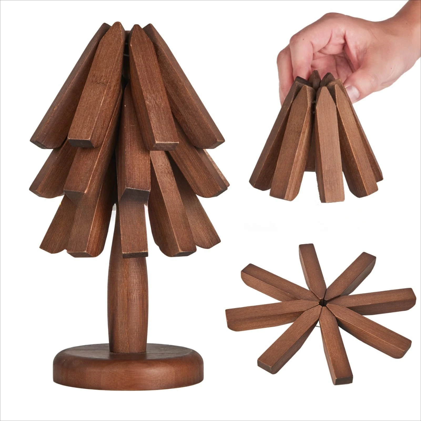 Wooden Tripod Tree Shaped Long Clause Coaster, Foldable Wooden Insulation Pad, A Tree Shaped Wooden Tea Cup Base