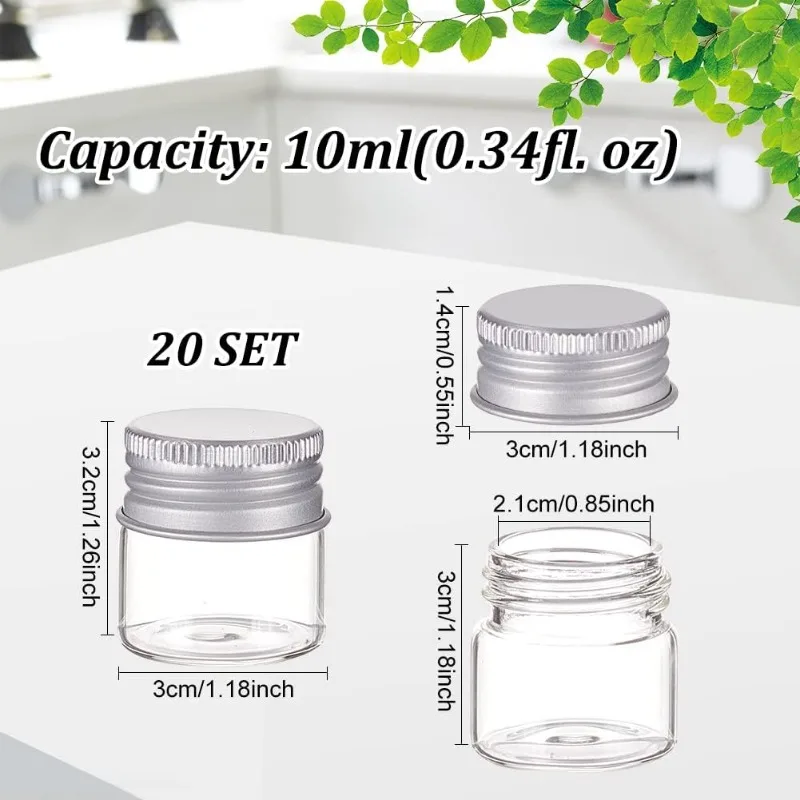 20 Pack 10ml/0.34oz Glass Empty Cosmetic Containers Glass Bottles Sample Vials with Screwed Aluminum Caps for Sample Liquid