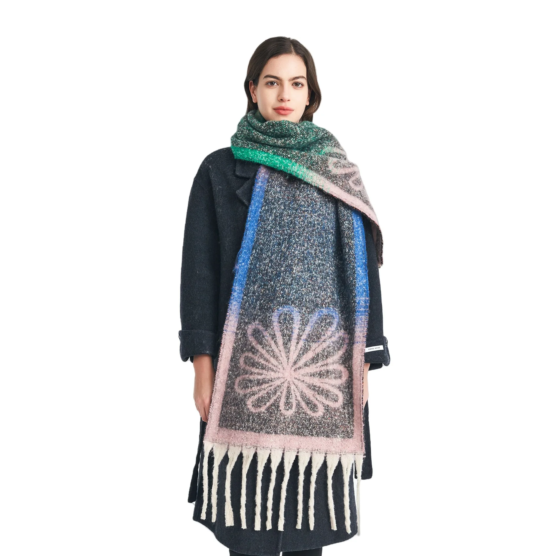 

Круглая пряжа, женский зимний теплый длинный шарф с цветочным принтом, жаккардовые толстые шарфы с кисточками, женская шаль, женские накидки, Bufanda, пончо Echarpe