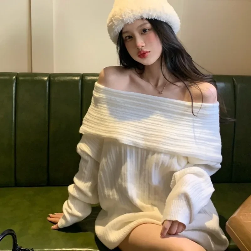 Slash Neck Pullover Women Loose Casual Sweater Vintage Cozy All-match Off Shoulder Chic Temper Knitwear Daily Streetwear Autumn