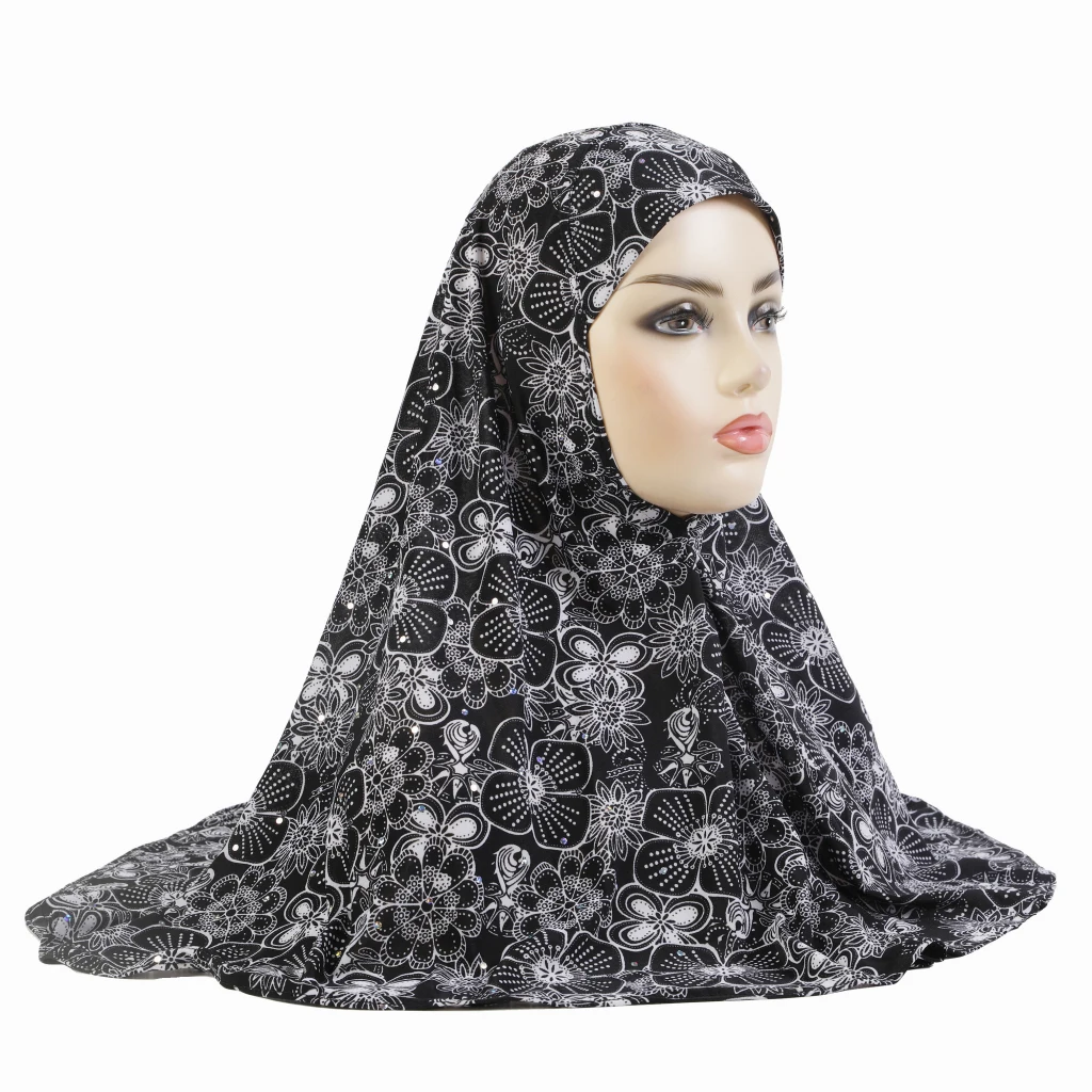 Shoulder Length printed Muslim Hijab Girls Scarf Amira Hat Headwrap Shawl