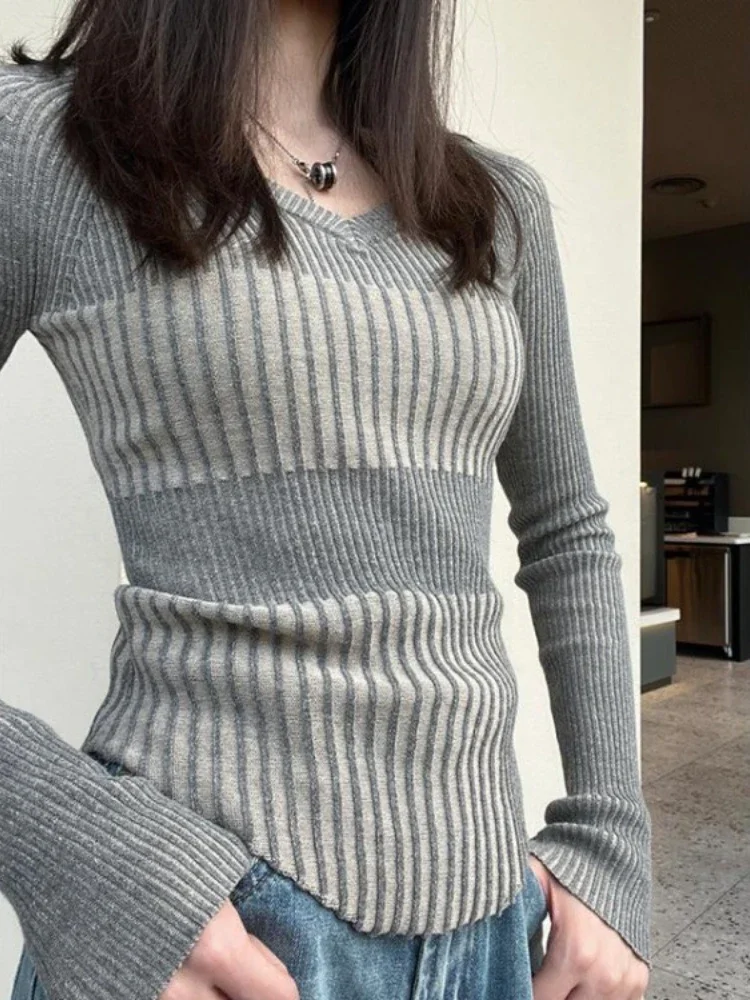 Vintage Elegant Striped V Neck Sweaters Fashion Slim Women Knitted Y2k Aesthetic Pullovers Korean All Match Grunge Sueter Mujer