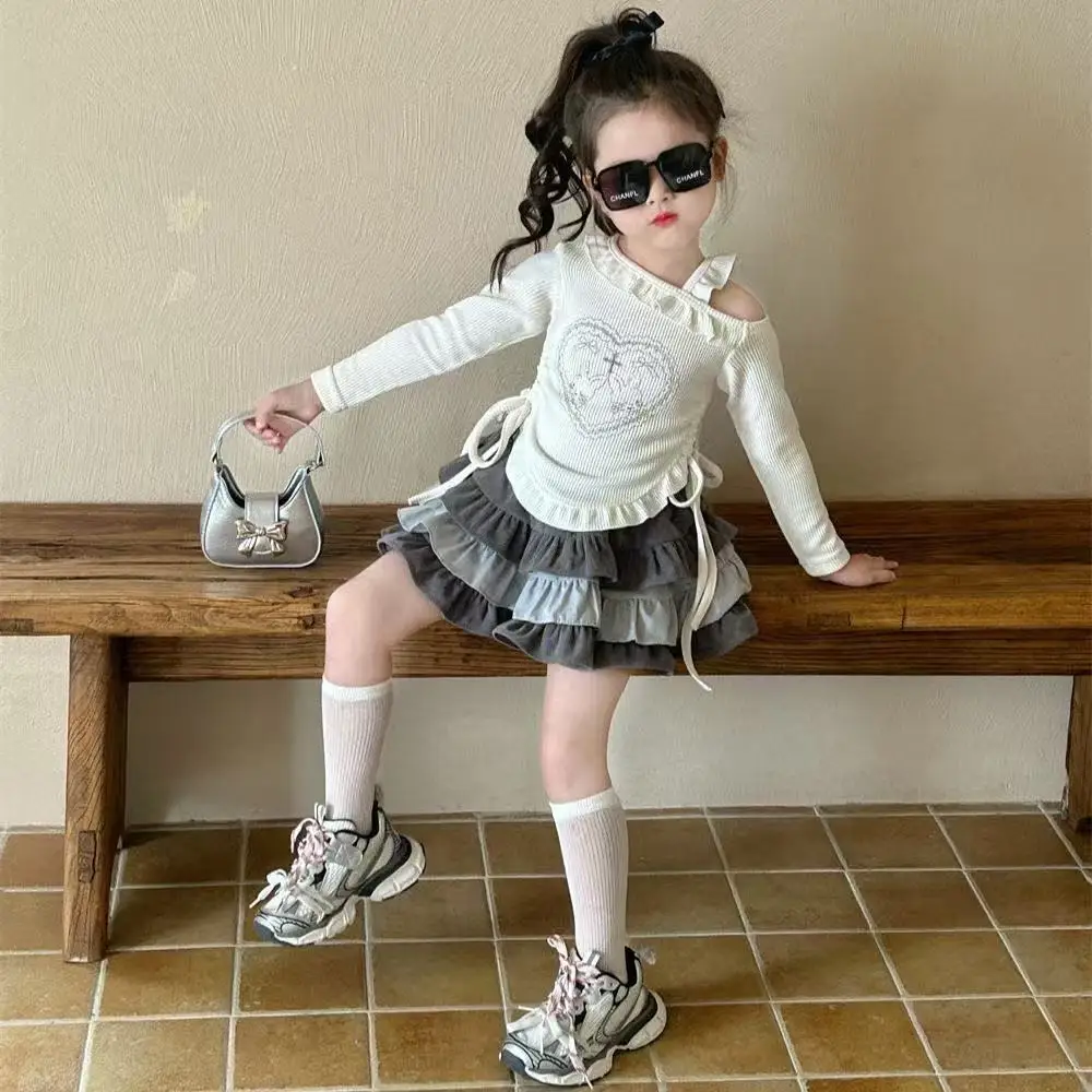 

Children's Set 2026 Spring and Summer New Girl's Off Shoulder Undercoat Fashionable Half Skirt Two Piece Set