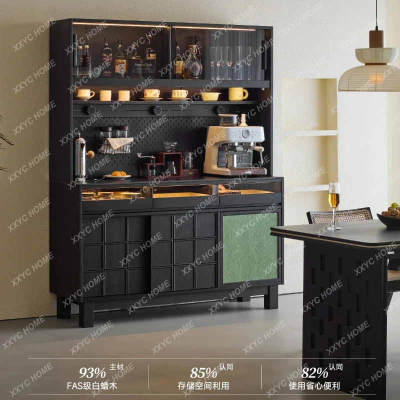 XXMuyu Retro Solid Wood Sideboard Wall-Mounted Integrated Storage Cabinet White Ash Living Room Black Storage Wine Cabinet