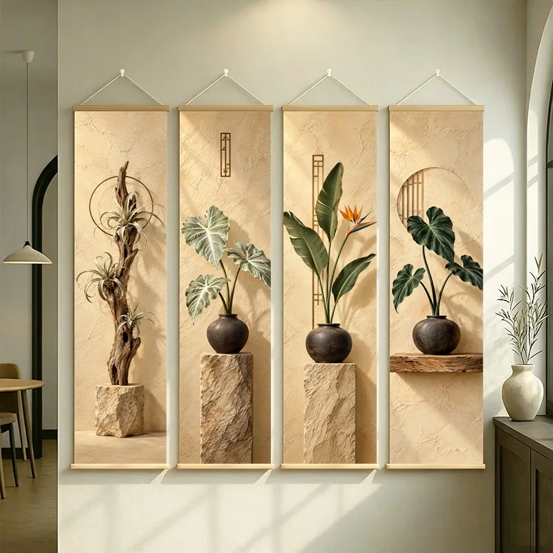 Wall Decor White Rhino Alocasia and Bird of Paradise, Calm Wabi-Sabi Silver Shimmer Canvas Hanging Scroll for Yoga Studio