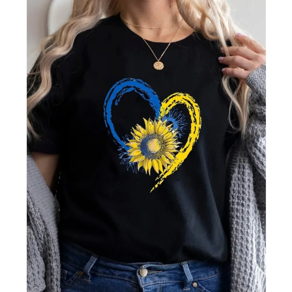 Heart-shaped Sunflower Blue Yellow Heartbeat Women Graphic tshirts Girl Y2K Short Sleeve Tops 90's Sweetshirts Harajuku Clothing