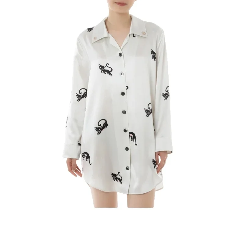 22MM Sexy Silk Nightgown T-shirt Full Sleeve 100% Mulberry Silk Chemise Cozy Sleepwear Cute Cat Printed White Satin Nightdress