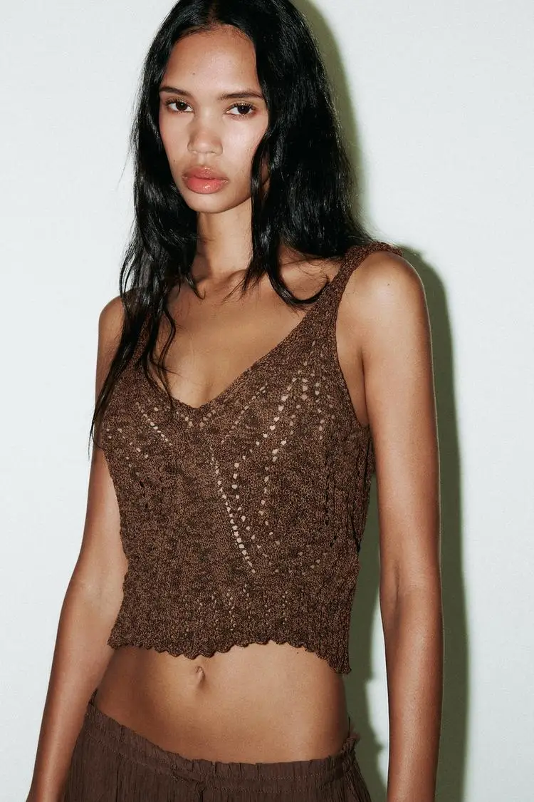 

YY977 ZA25 Summer New Product Women's Slim Fit Jacquard Mesh Knitted V-neck Short Top 2653005