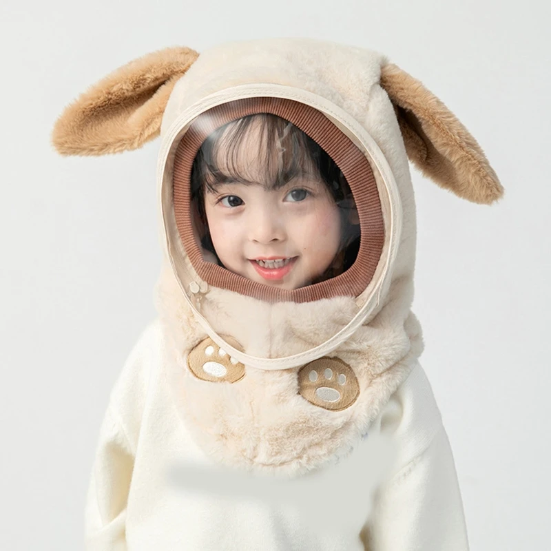 Autumn Winter Children Biking Hooded Hat Baby Hood Cartoon Ear for Protection with Face Mask Earflap Windproof Hat for QX2D