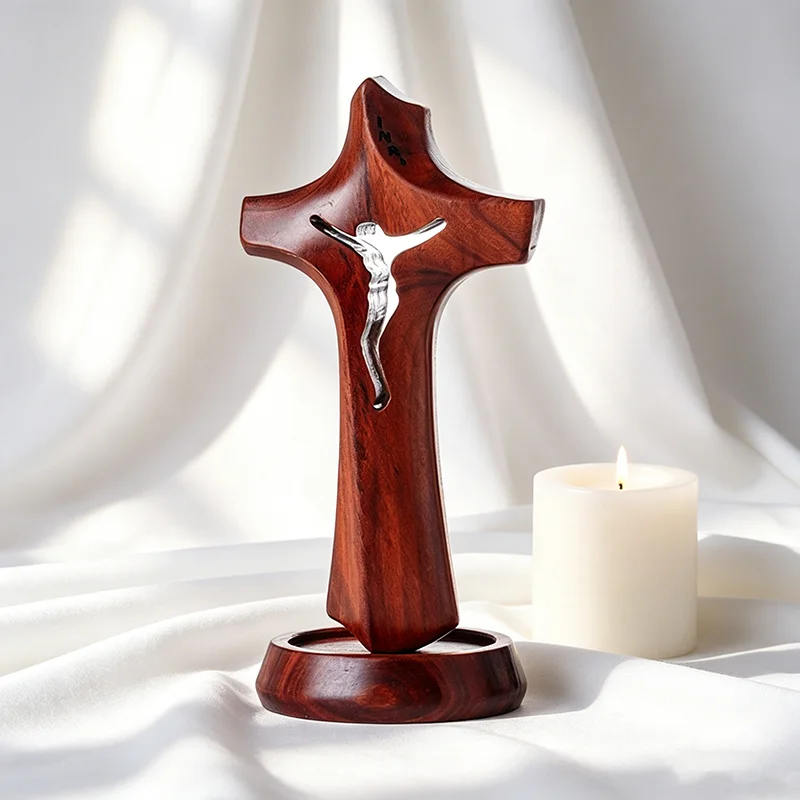 

Wood Hollow Jesus Cross Statue INRI Engraved Tabletop Crucifix Religious Gift for Christian Home Church Prayer Room Decoration
