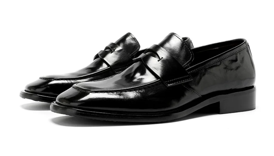 Men's Black Genuine Leather Loafers Slip On Formal Dress Shoes Square Toe Business Casual Penny Loafers for Men Office Wedding