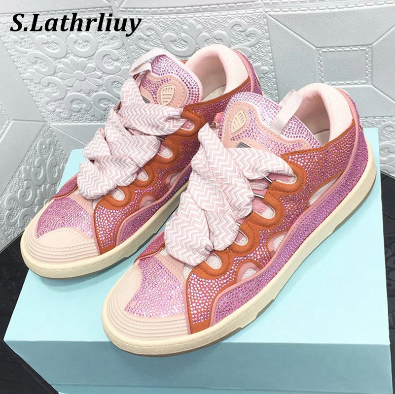 

Spring Autumn Mixed Color Lace Up Breathable Flat Shoes Thick Bottom Large Ribbon Patchwork Sneakers Comfort Casual Shoes Unisex