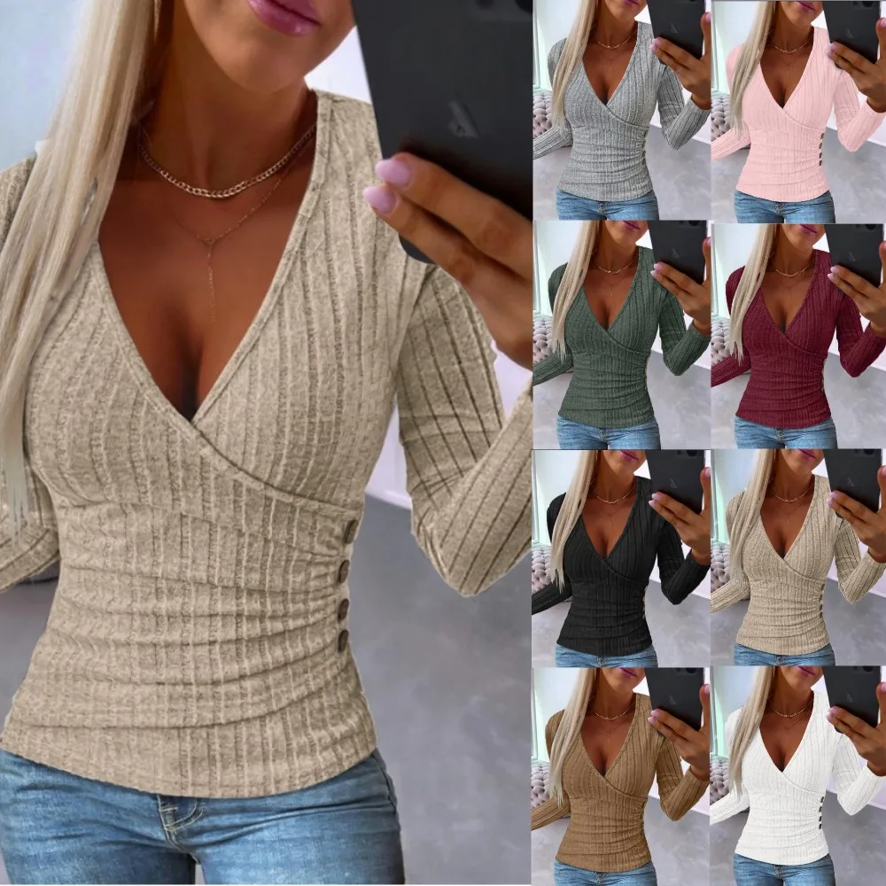 Autumn Women V Neck Button Long Sleeve Knitted Pullover T-shirt Tops SZE-ST23285