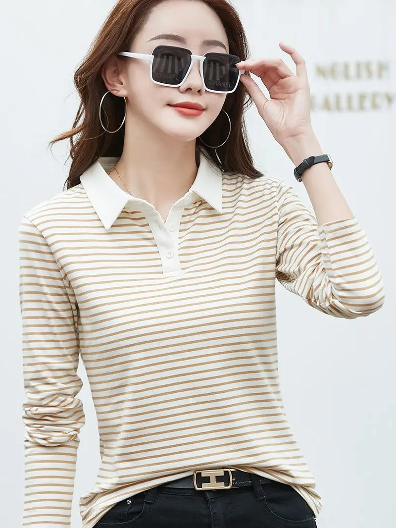 New Polo Shirt Women Long Sleeve Striped Cotton T Shirt Spring Autumn Fashion Contrast Female Tops Golf Sportswear