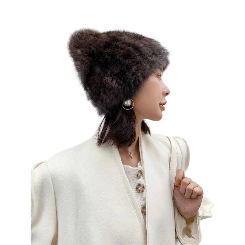 Women's Sable Fur Hat Winter Mink Plush Warm Ear Protection Versatile Woven Fur Cap for Cold Weather