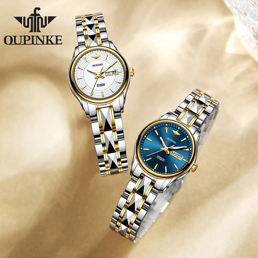 OUPINKE 3170 Dual Calendar Mechanical Watch For Women Top Brand Deep Waterproof Dress Wristwatch Luxury Stainless Steel Watches