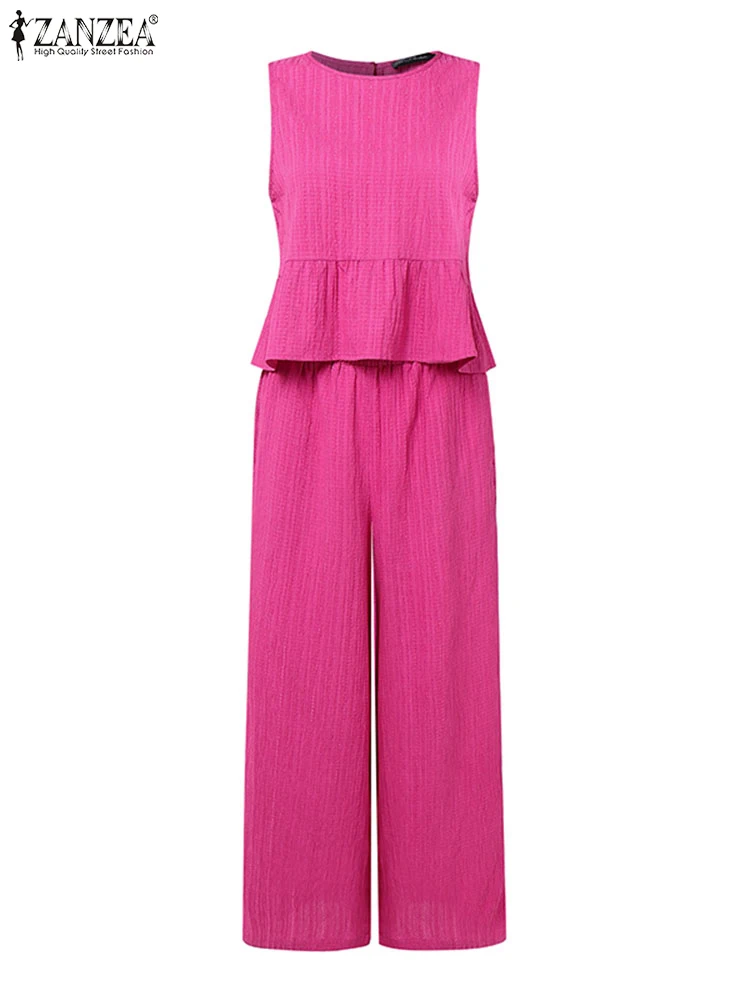 

Vintage Suits ZANZEA 2025 Women Long Pants Sets Sleeveless Ruffled Hem Short Tank Elastic Waist Pockets Trousers Wide Leg Pants