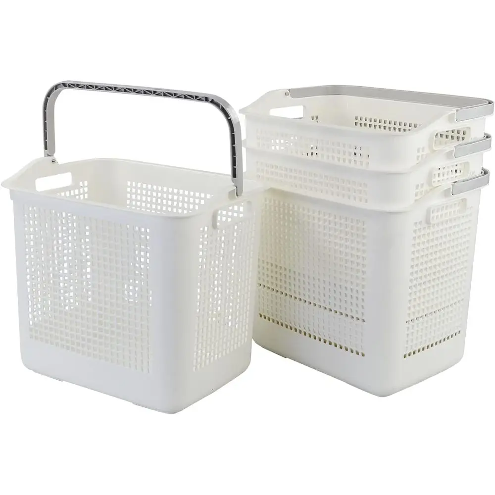 35 L Plastic Laundry Baskets with Handle, 4-Pack, White | Dirty Clothes Hampers, Lightweight Stackable Design or Bedroom, Bathro