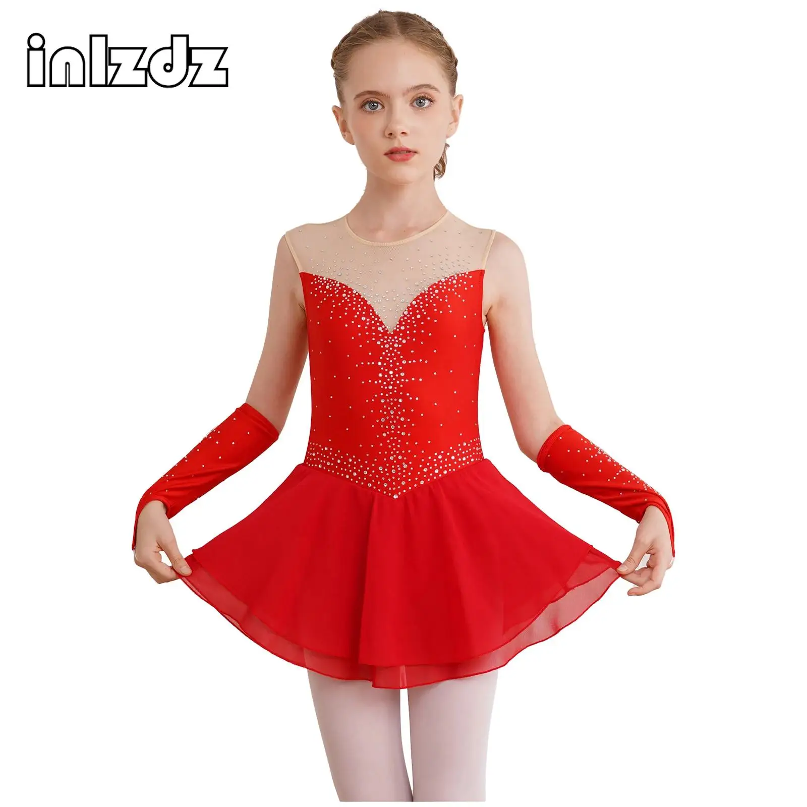 

Kids Girls Figure Skating Dance Dress Shiny Rhinestone Sleeveless Leotard Dress+Gloves Sets Gymnastics Ballet Dance Costume