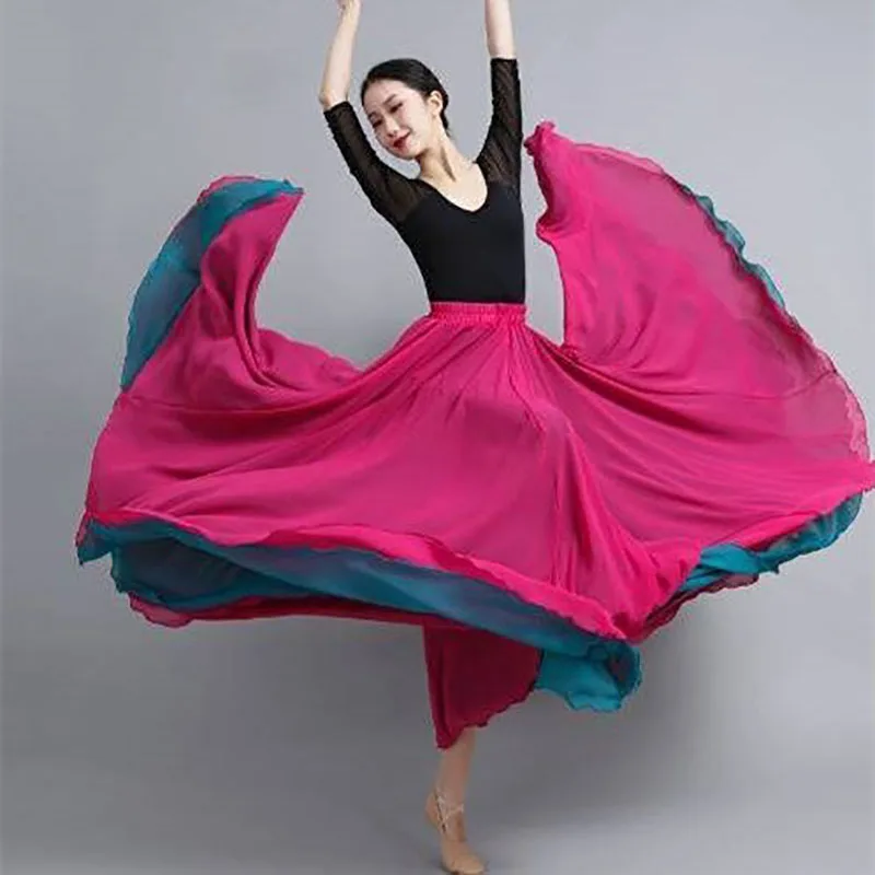 

Новая длинная плиссированная юбка с высокой талией для женщин, винтажная расклешенная юбка-клеш, атласное платье, двусторонняя шифоновая юбка для танцев, длинная юбка