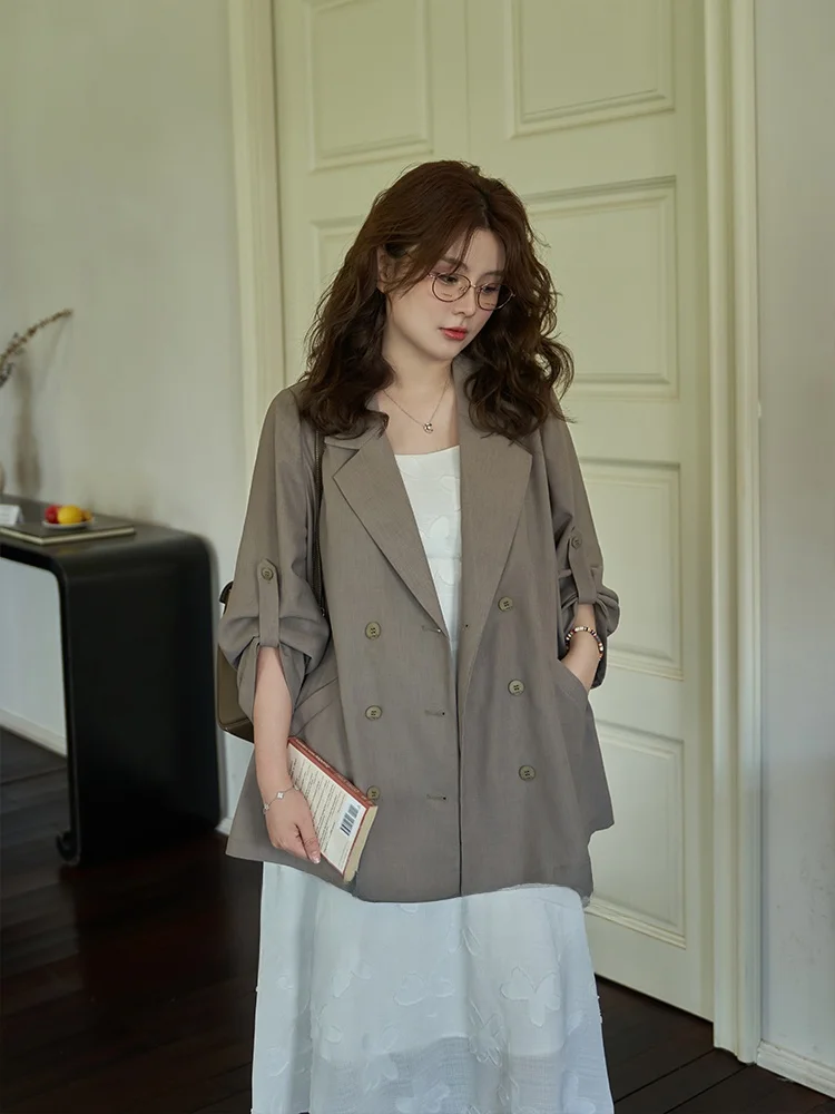 

Женский тонкий крутой костюм Maixi больших размеров с двойными пуговицами, летний топ для похудения, топ для поездок на работу, Ele Sle, полиэфирное волокно