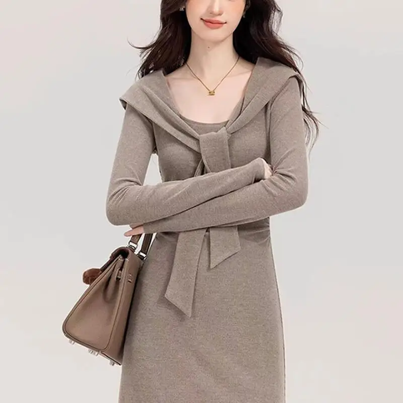 

Fashion Dress Women Autumn Spring Knitted Skirt New High End Waist Cinching Bodycon Long Dress Lazy Temperament Wool Dress