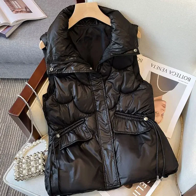 Veste courte en duvet noir pour femme, gilet vintage, vêtements d'extérieur, parkas debout