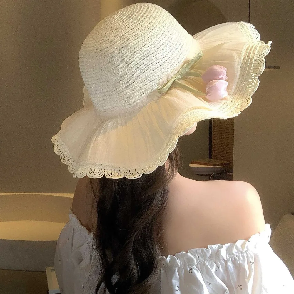 

Simple Sweet Lace Tulip Sun Hat Korean Style Flat Top Straw Woven Hat Wide Brim Elegant Bow Sunscreen Hat Seaside