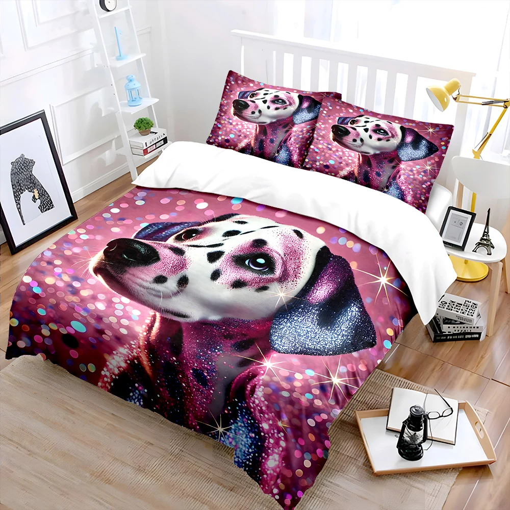 Sparkly Dalmatian Pink Background Pattern Duvet Cover Set Digital Print Colorful Polyester Bedding with Zipper Closur