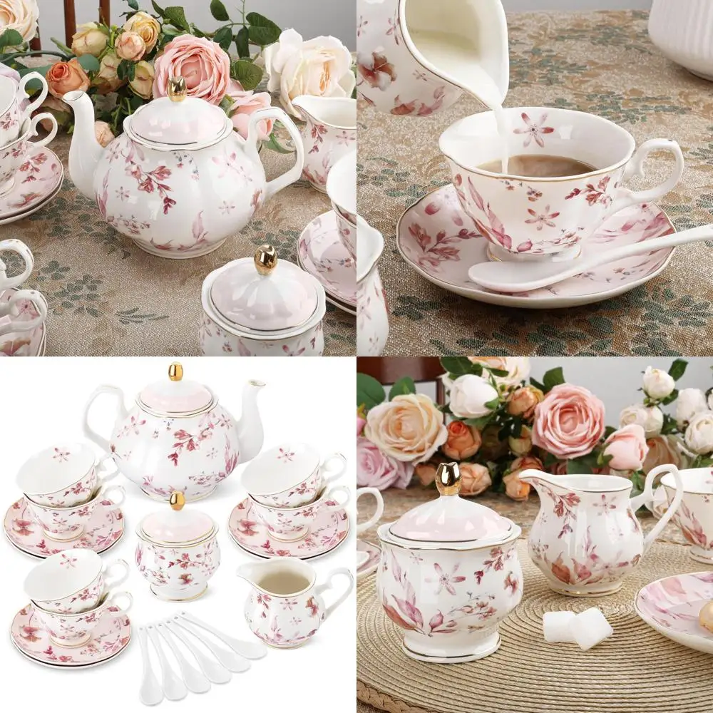

British Porcelain Tea Set with Gold Trim, Pink Autumn Leaves Floral Design, 6 Cups and Saucers, Ideal for Women's Tea Party, Hom