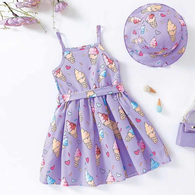 Purple Ice Cream Pattern Girls Sleeveless Elegant Polyester Dress with Belt and Hat Perfect for Vacation