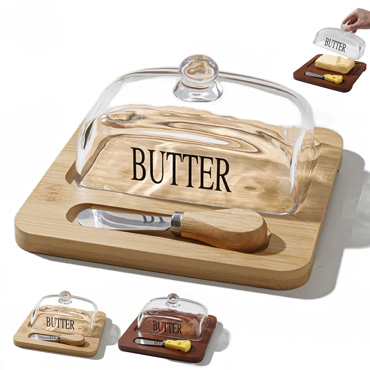 

Premium Bamboo Butter Dish with Glass Lid & Cutter by Leeseph, Reusable Food Storage for Countertop & Fridge