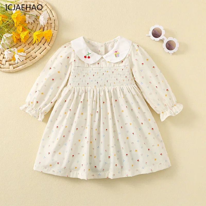 

ICJAEHAO 2025 Dress for Girls Embroidered Cherry Cake Printed Princess Clothes Korean Style for Kids Children Spring and Autumn