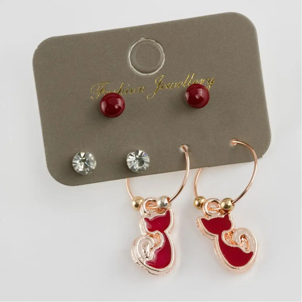 6'lı Cat Figured Cabochons Ring Earrings
