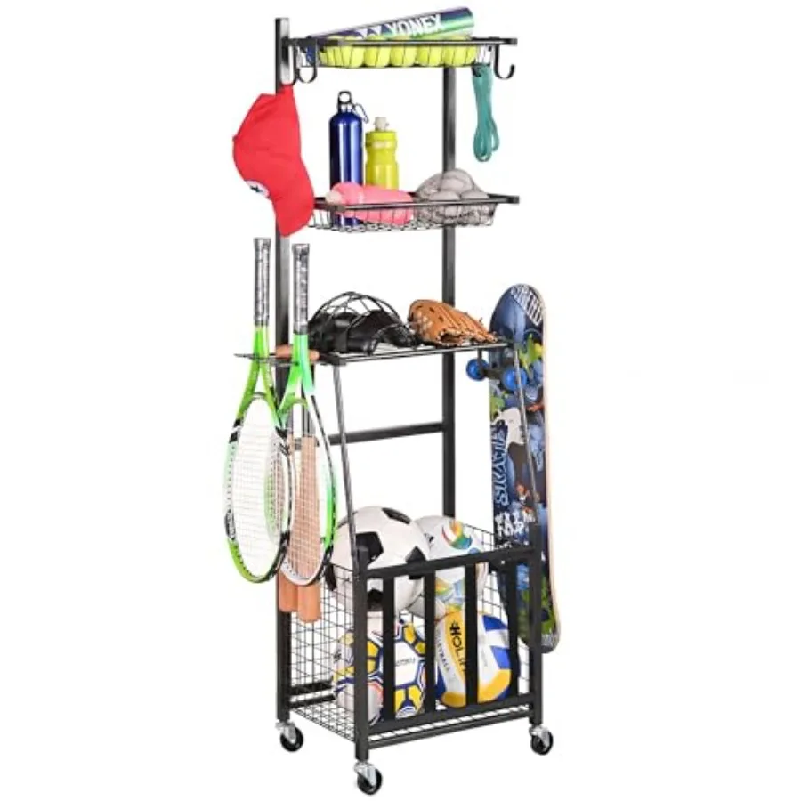 Indoor/Outdoor Sports Equipment Storage Rack for Garage Ball Storage Organizer with Basket and Hooks Durable Metal Frame Black