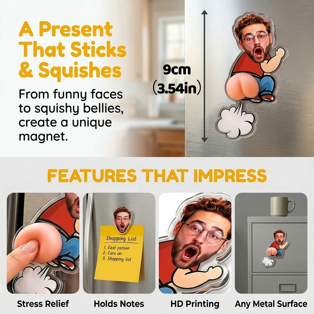 Custom Personalized Photo Fridge Magnet,Squishable Butt,Interactive Stress Squeezy Toy,Comical Gag Gift,Home Kitchen  Decor