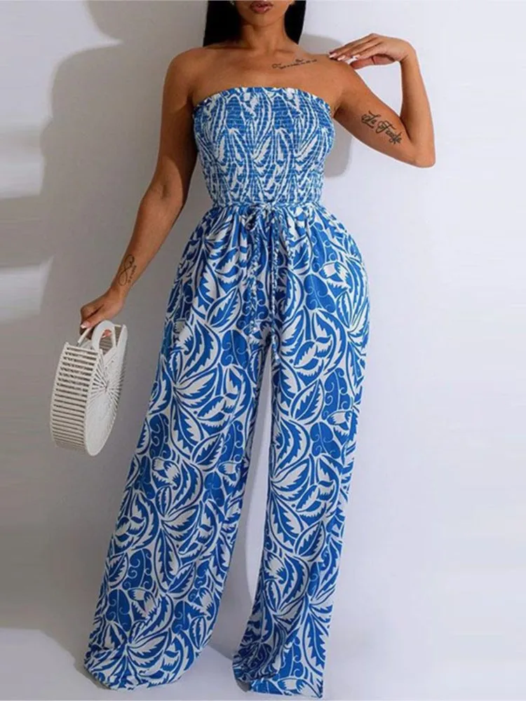 Summer Elegant Women's Jumpsuit Sexy Sleeveless Backless Strapless Elastic Abstract Print High Waist Casual Wide Leg Jumpsuit