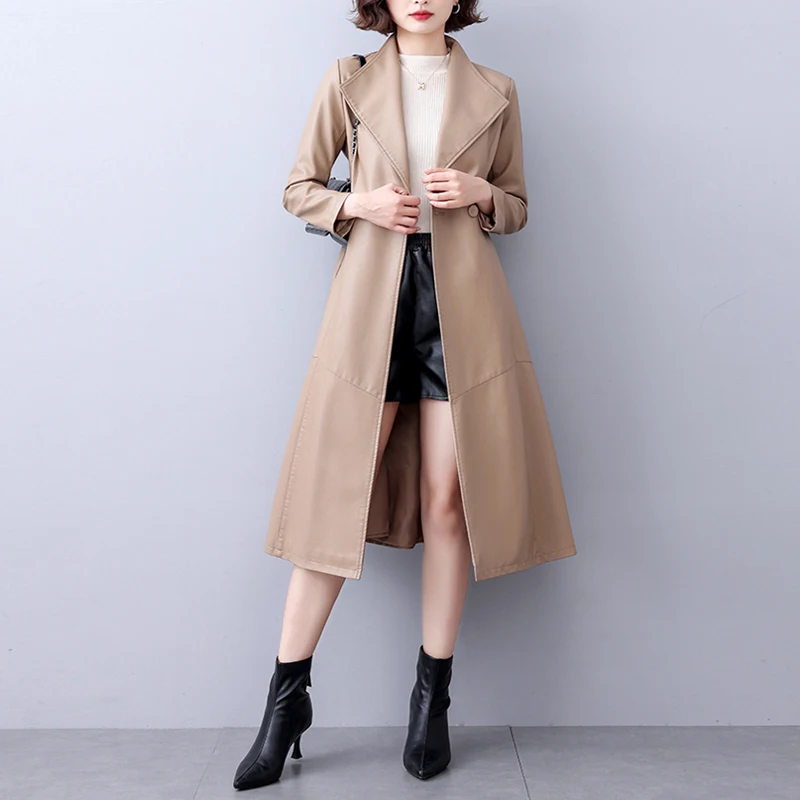 M-5XL 2024 outono inverno split couro longo trench coats para mulheres chique rendas cinto senhoras lapela gola fino-ajuste casacos de pele de carneiro