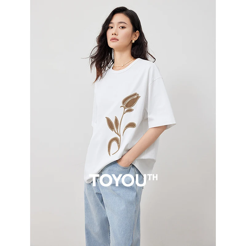 TOYOUTH Women Vintage Patch Embroidery T-shirt 2024 Summer Cotton Short Sleeved